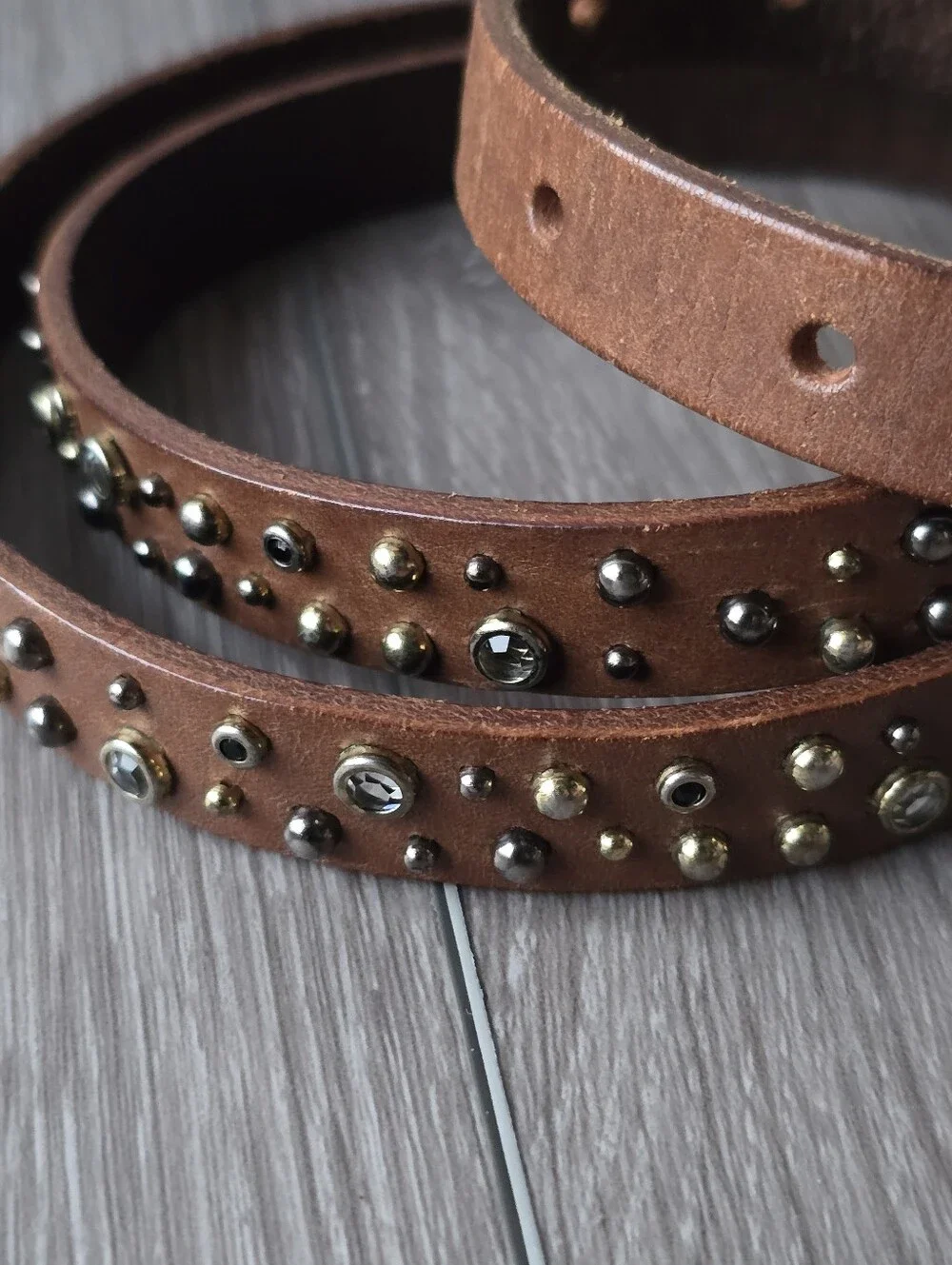J.Crew Brown Leather Studded Rhinestone Skinny Belt Boho Western Jeweled M